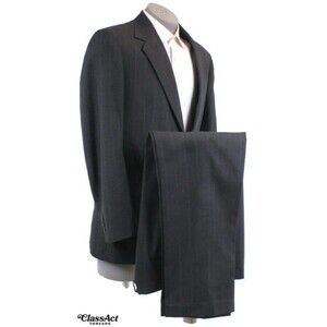 Towncraft Black Striped 2 piece suit Mens Wool Blend 40L Flat Front 34" Waist